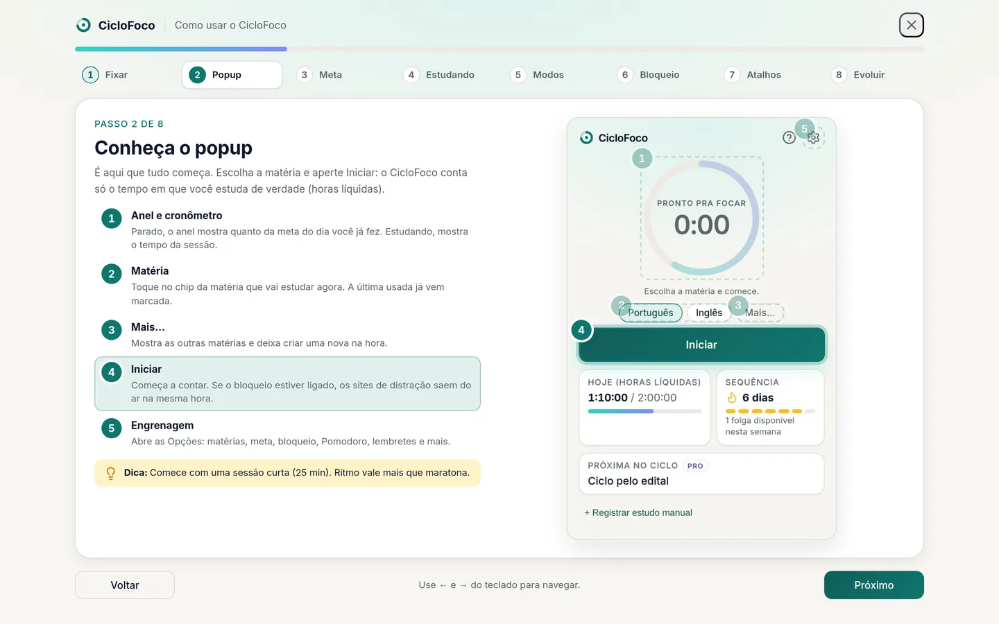 Tutorial do CicloFoco explicando o popup passo a passo